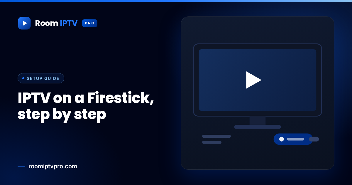A television showing a play button beside a streaming stick, illustrating IPTV on a Firestick